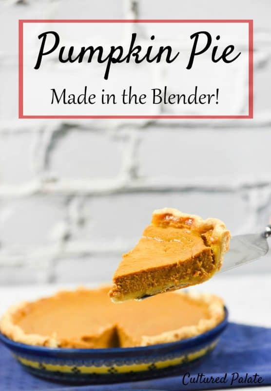 A photo of a slice of easy pumpkin pie with text at the top