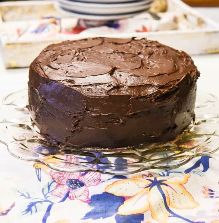 Easy Chocolate Cake - Egg Free Cake shown iced and ready to eat