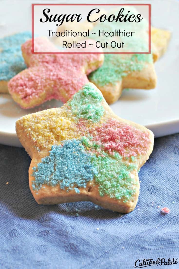 Homemade Sugar Cookies Recipe shown on plate with blue tablecloth