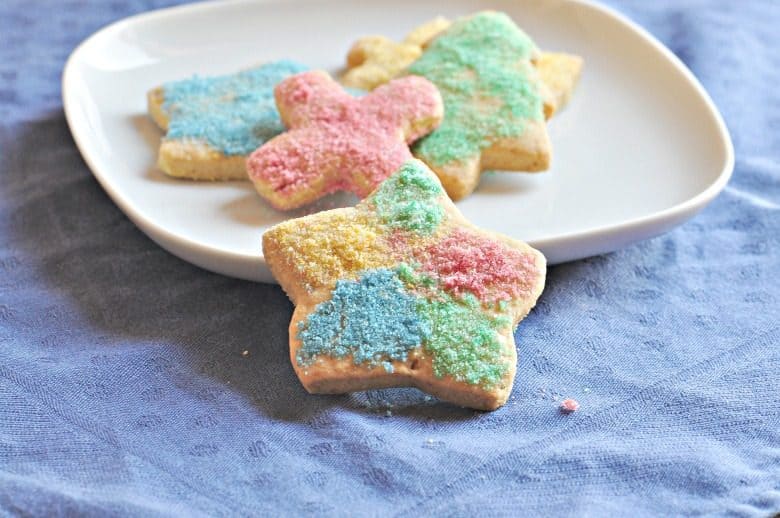 Homemade Sugar Cookies Recipe shown on plate with blue tablecloth