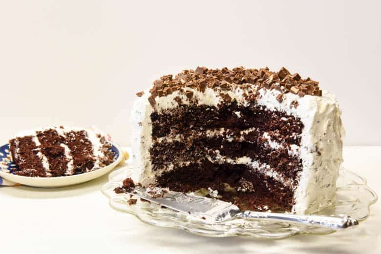 Chocolate Candy Bar Cake sliced showing the layers