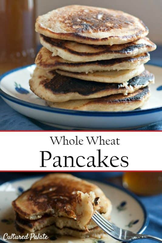 Whole Wheat Pancakes shown on plate stacked and a bite on a fork