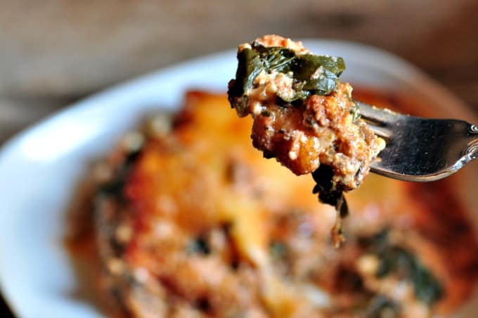 spinach lasagna recipe - A close up of easy spinach lasagna on fork