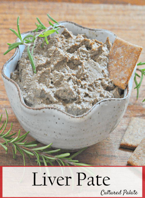Liver Recipe - Liver Pate shown in bowl with cracker and rosemary sprigs