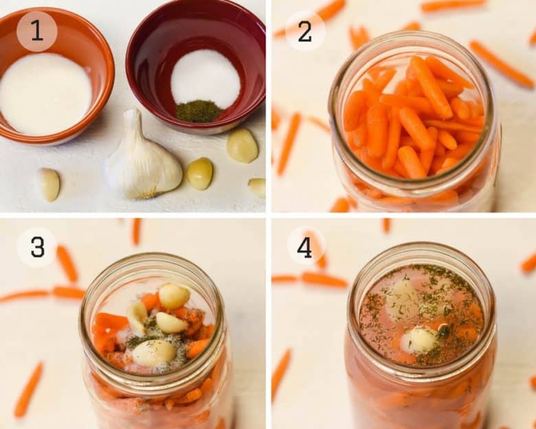 four photos showing Fermented Carrots - Probiotic foods Step by Step