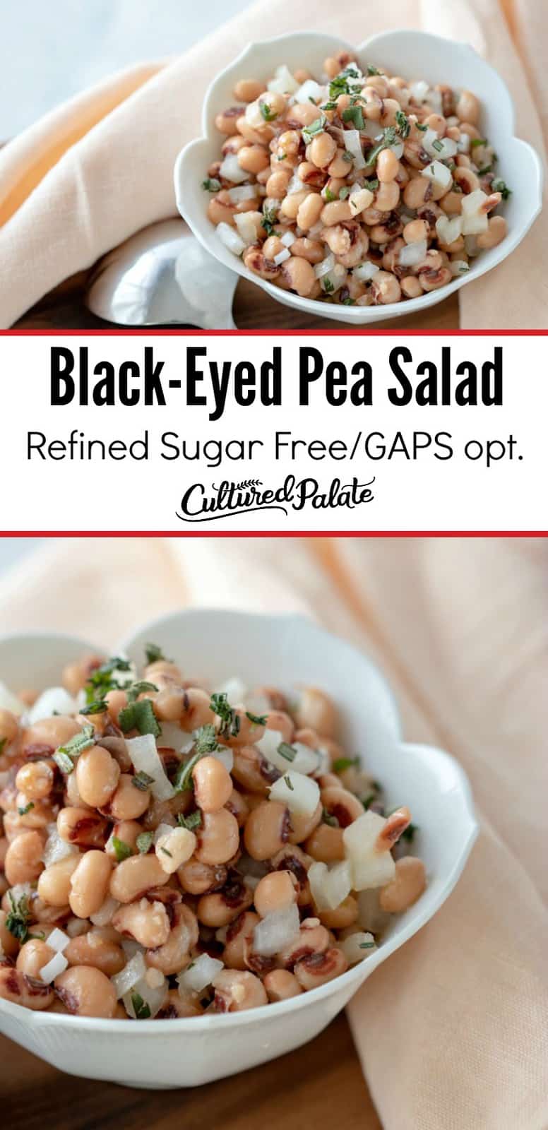 Black-Eyed Pea Salad shown with two images both in white bowl with spoon on wooden board with text overlay.