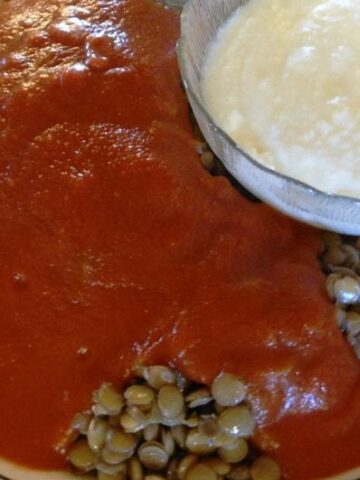 A close up of Egyptian lentils topped with tomato sauce