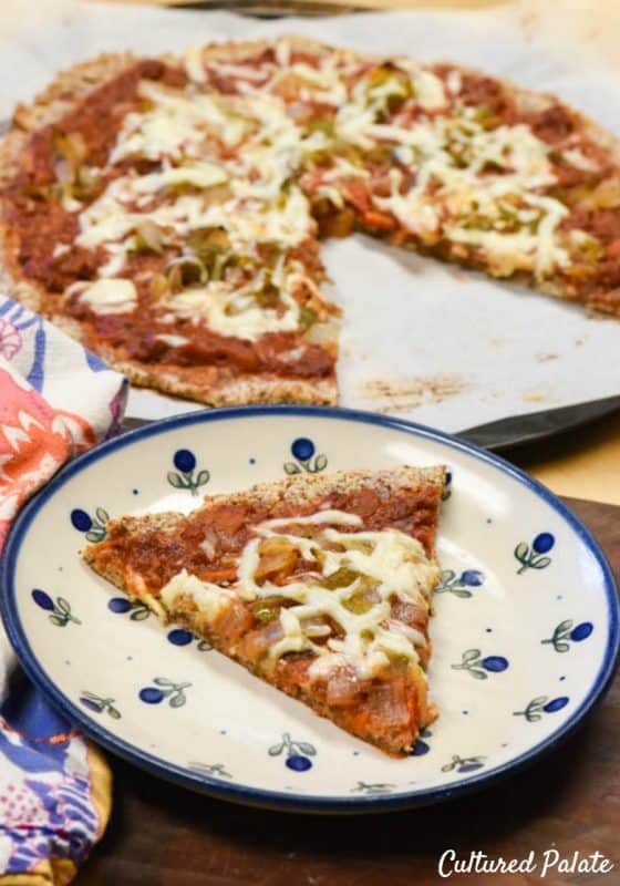 almond flour pizza crust - paleo pizza shown on plate