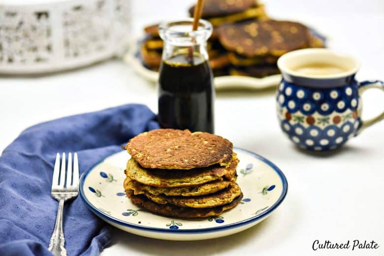 Pancakes stacked on top of each other on a blue and white plate