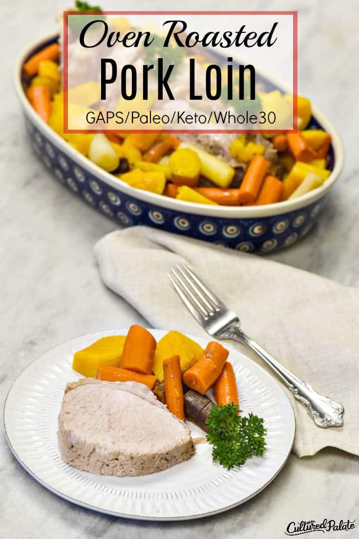 Oven Roasted Pork Loin with veggies shown on a white plate and in a polish pottery dish is background
