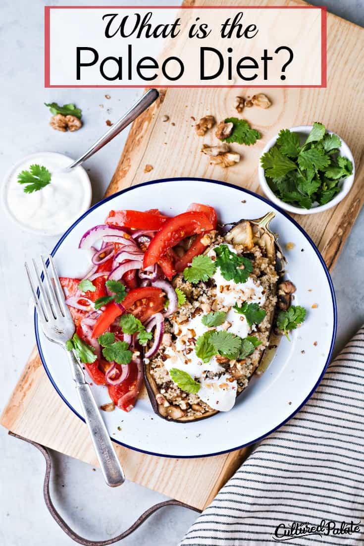 Vertical image with title "What is the Paleo Diet" showing a paleo meal served on a blue trimmed white plate on a bread board.