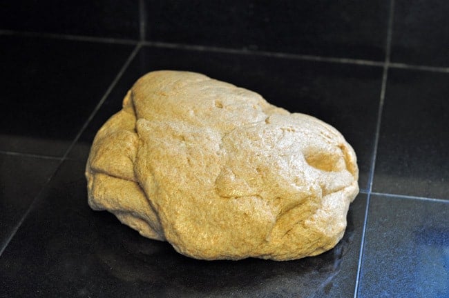 A ball of dough on a work surface ready to make whole wheat bread