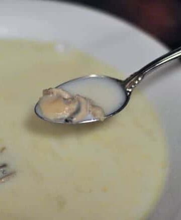 A spoon over a bowl with one oyster on it and some oyster stew
