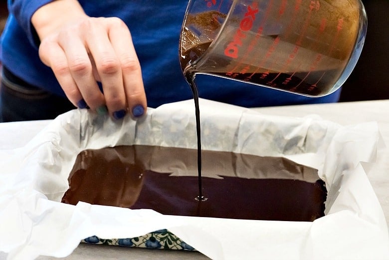 Chocolate Coconut Candy being poured into a parchment paper lined baking dish.