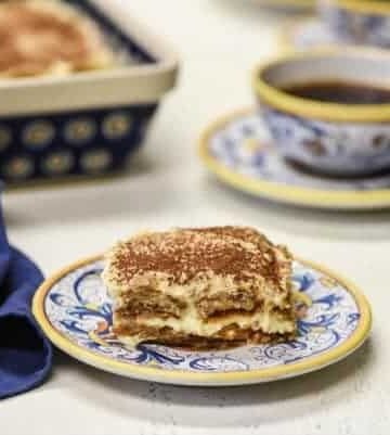 piece of easy tiramisu recipe cut on plate and ready to eat