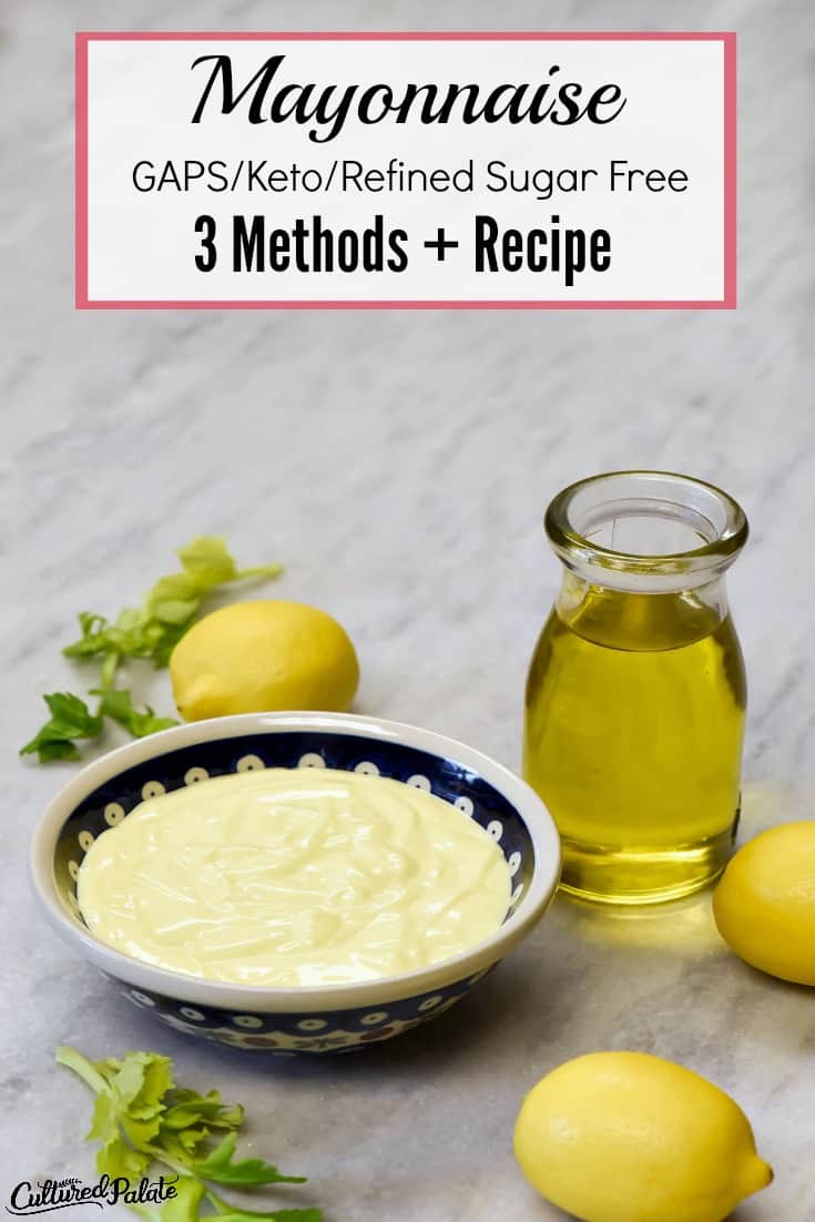 Homemade Mayonnaise Recipe shown in two images with text overlay in blue bowl with lemons and oil around it.