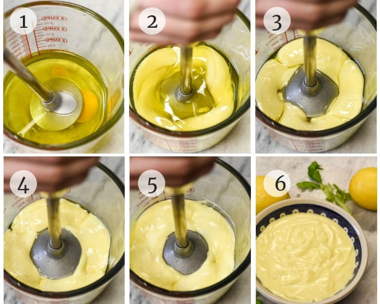 How to make mayonnaise shown step by step using an immersion blender.
