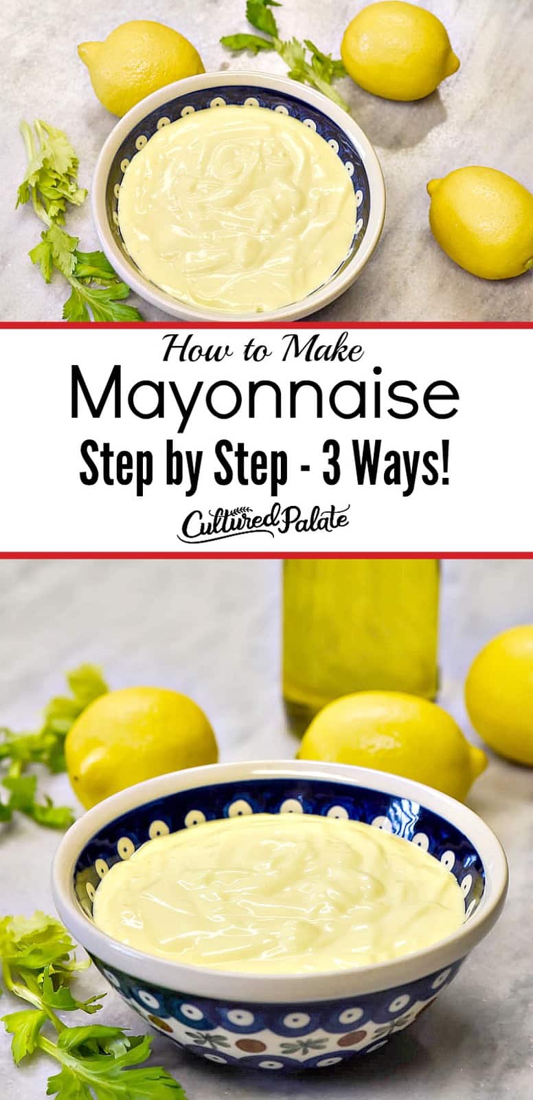 Homemade Mayonnaise recipe shown from above and the side in two images in blue bowl with text overlay.