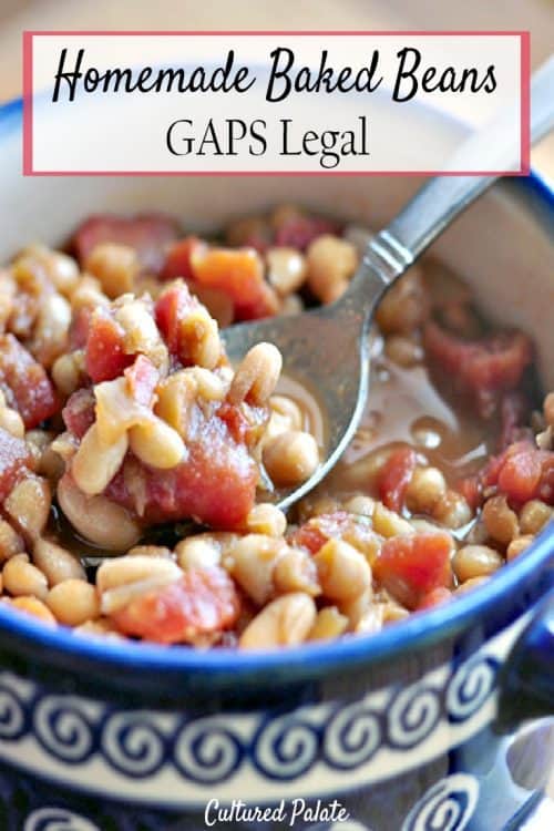 Homemade Baked Bean Recipe - GAPS legal baked beans shown in bowl with spoon and post title