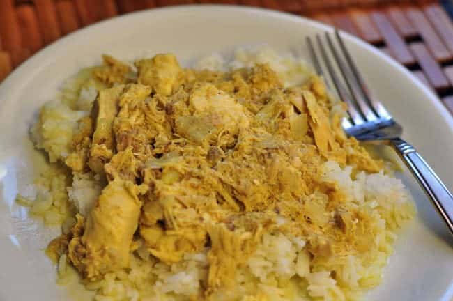 chicken curry on a plate with a fork