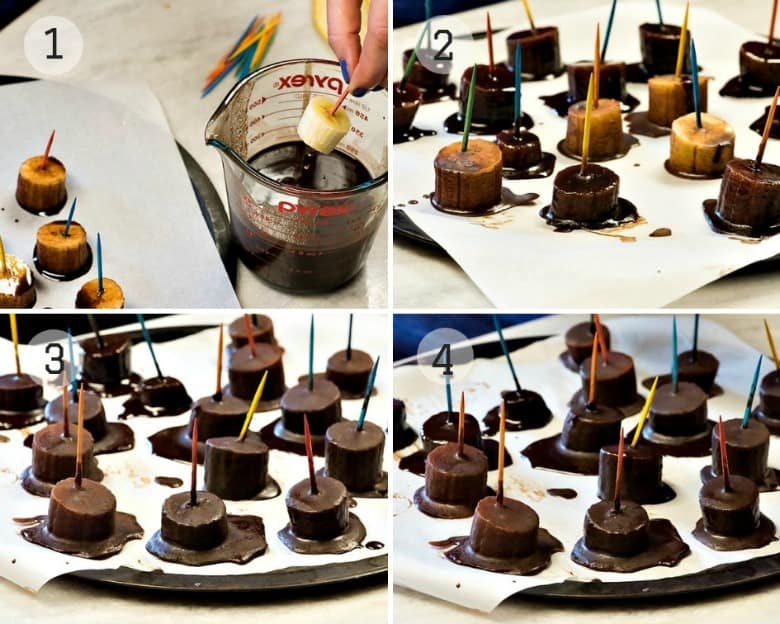 Steps to make Chocolate Covered Bananas shown with four images