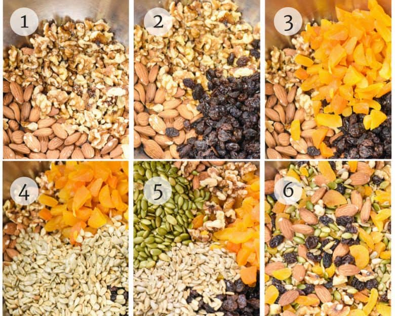 step by step photo tutorial showing the making of trail mix which is an easy healthy snack