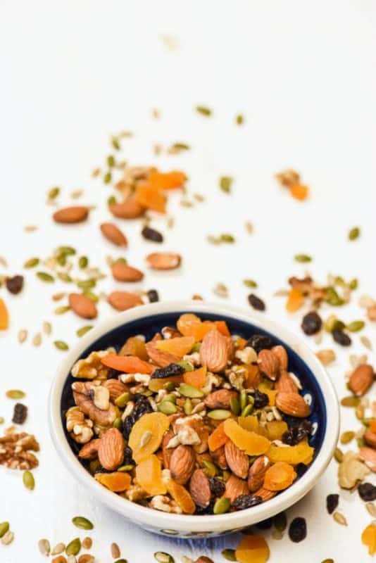 Homemade Trail Mix shown in vertical image in bowl - an Easy Snack Recipe