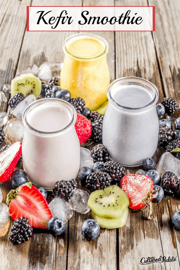 Three jars of kefir smoothies shown on wooden background with title.