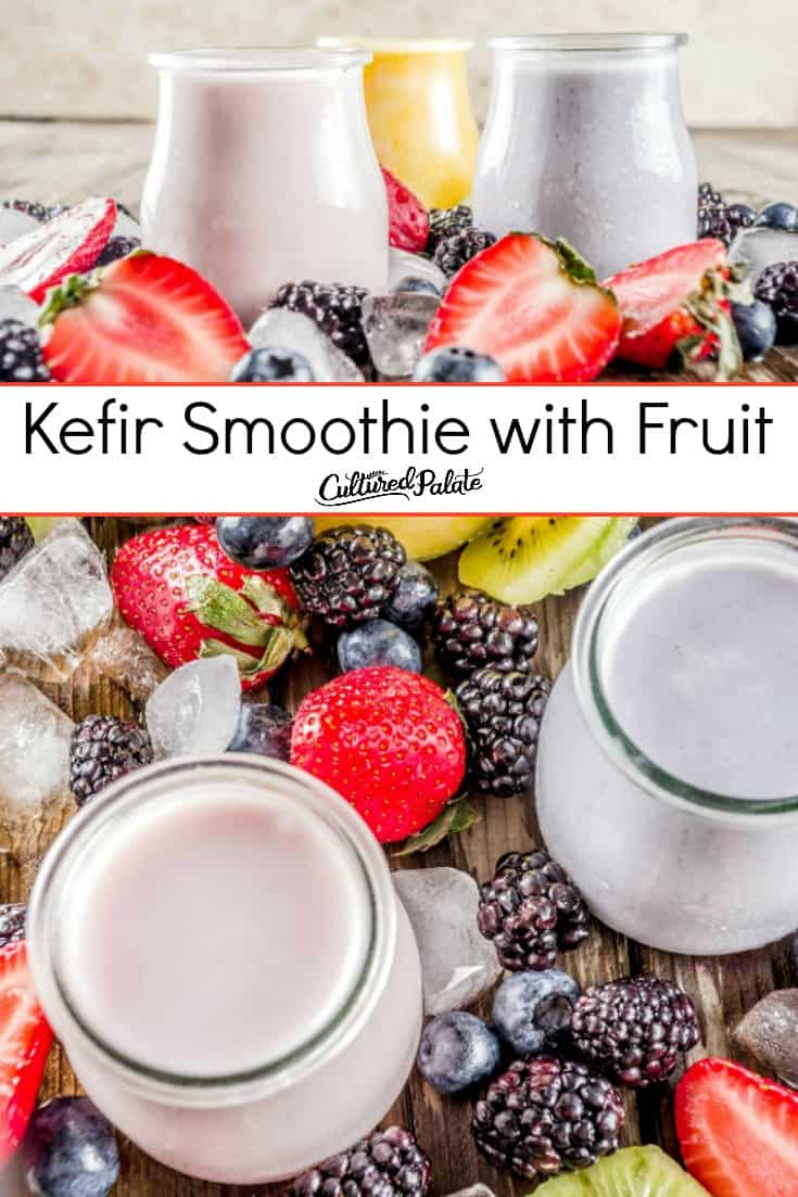 Two images with text overlay of probiotic kefir smoothie with berries around in glass jars.