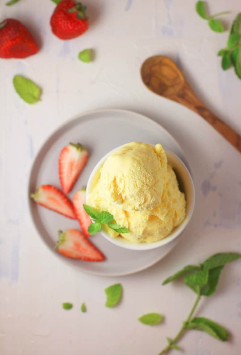 Overhead view of homemade vanilla ice cream recipe