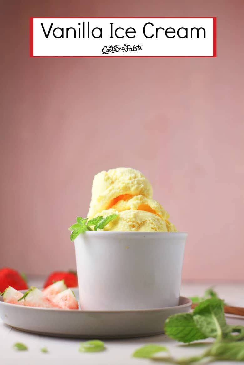 Homemade Vanilla Ice Cream shown with pink background in white bowl.