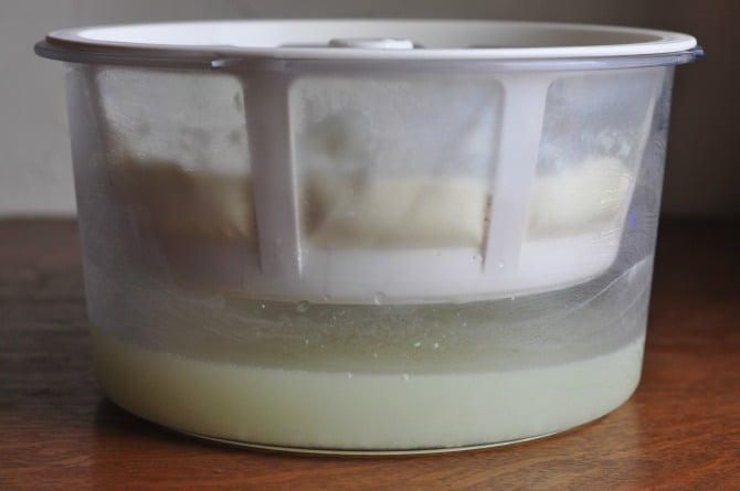 A process shot of how to make Greek yogurt, a final shot of strained yogurt