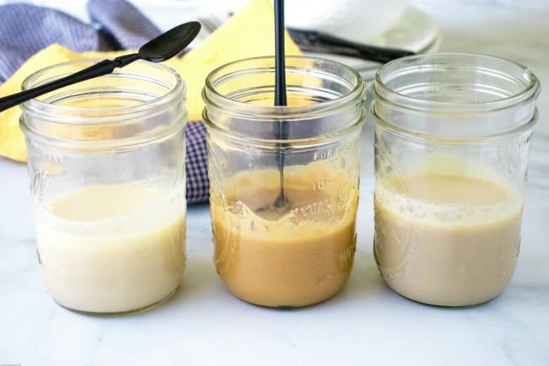 Sweetened Condensed Milk Substitute shown in three jars with different sweeteners.