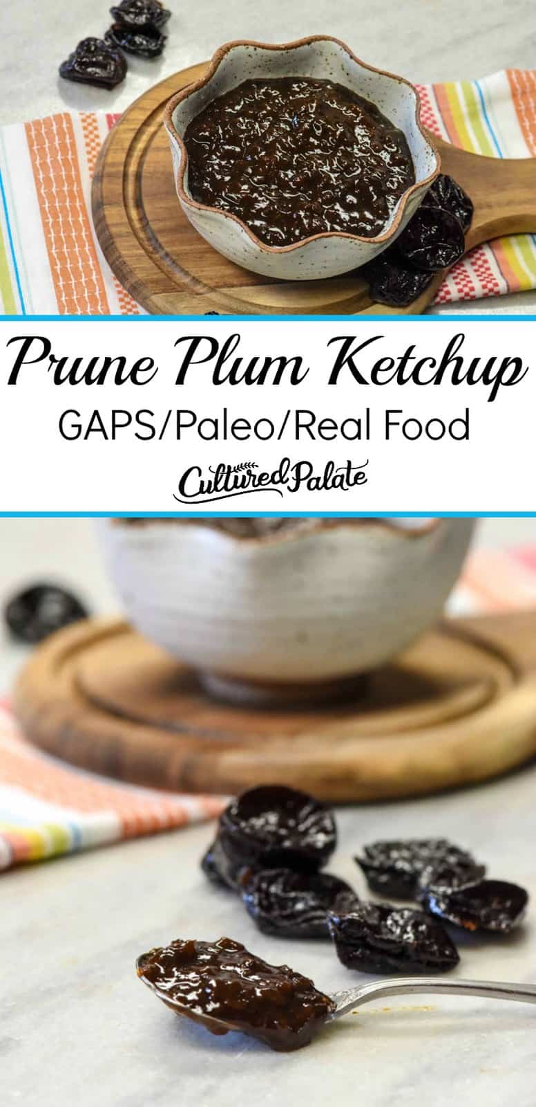 Prune Plum Ketchup in a bowl and then on a spoon with prunes around it with text overlay