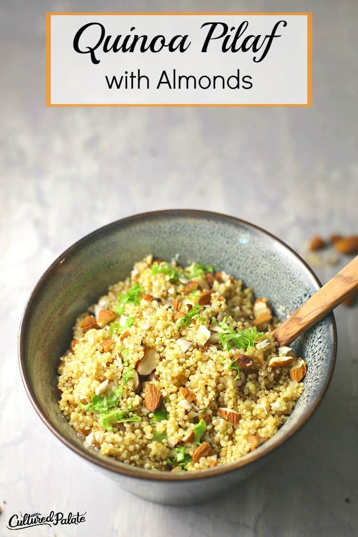 Quinoa pilaf shown on cement background in pottery bowl with text overlay.