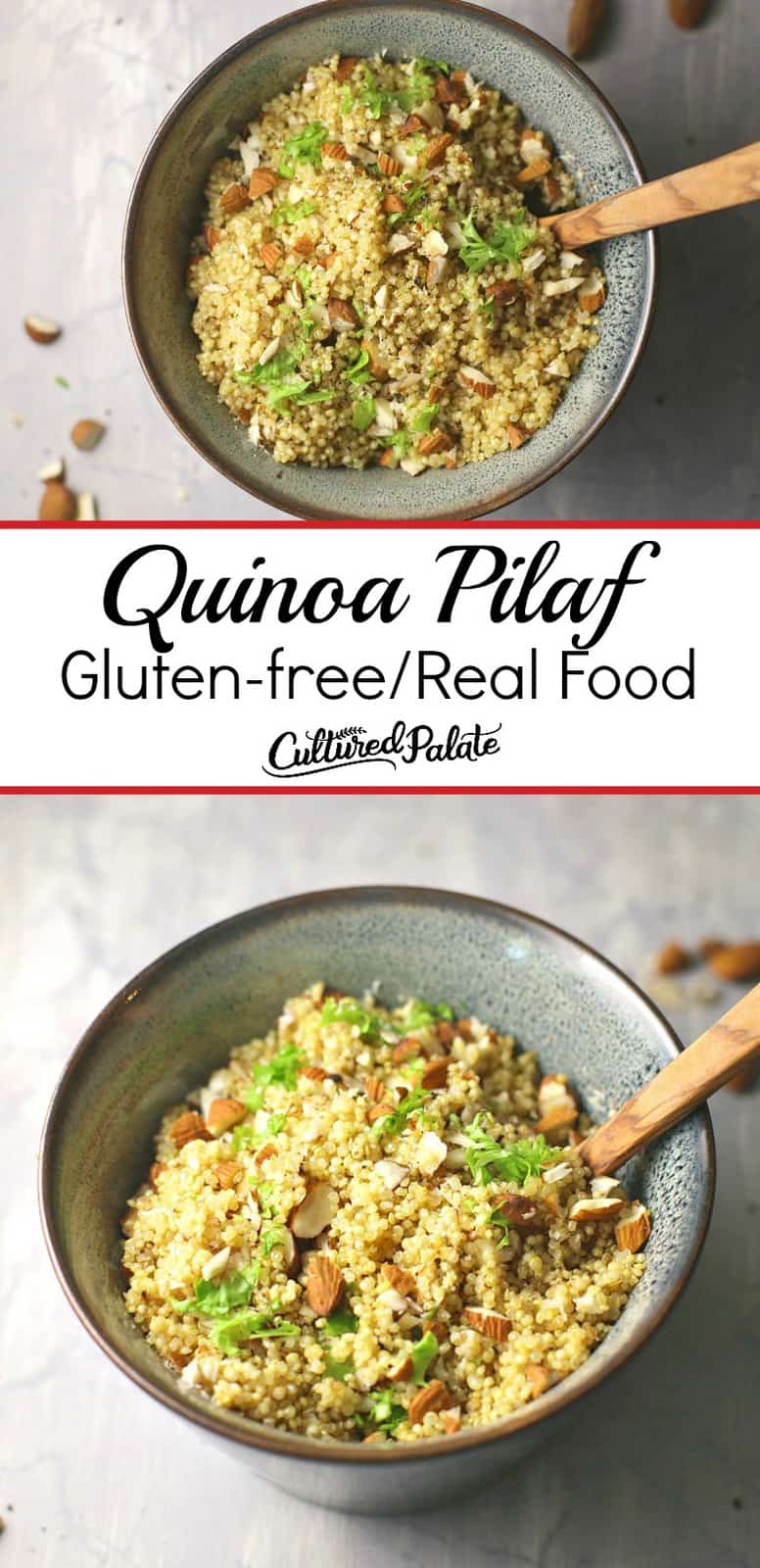 Quinoa pilaf shown close up and from above with text overlay.