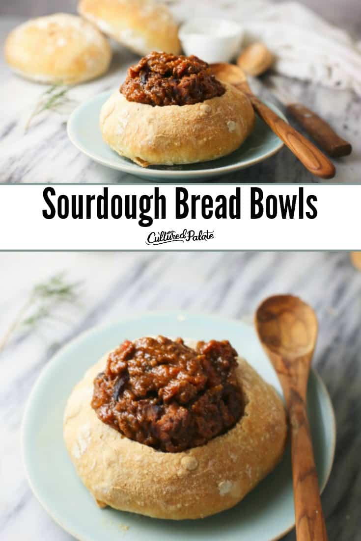 Sourdough Bread Bowls shown from the side and overhead ready to eat with text overlay.