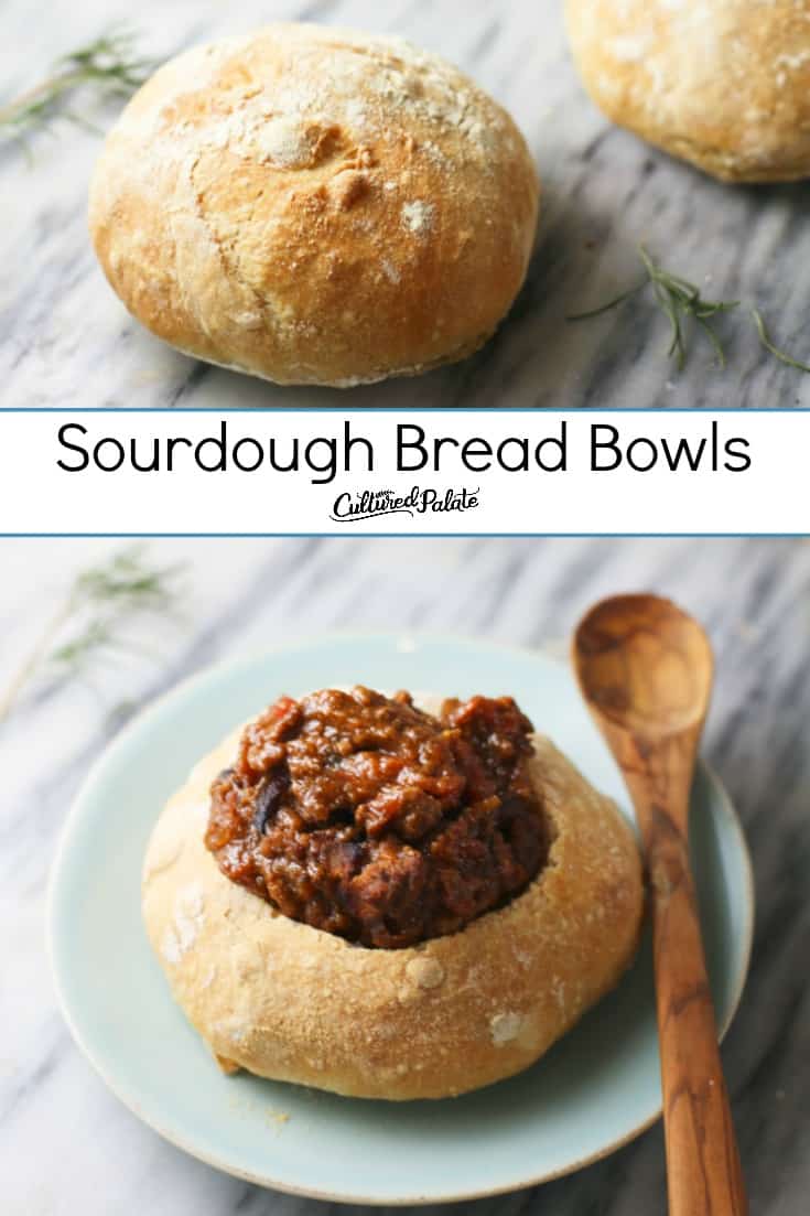 Sourdough Bread Bowls shown before cutting and filled with soup.