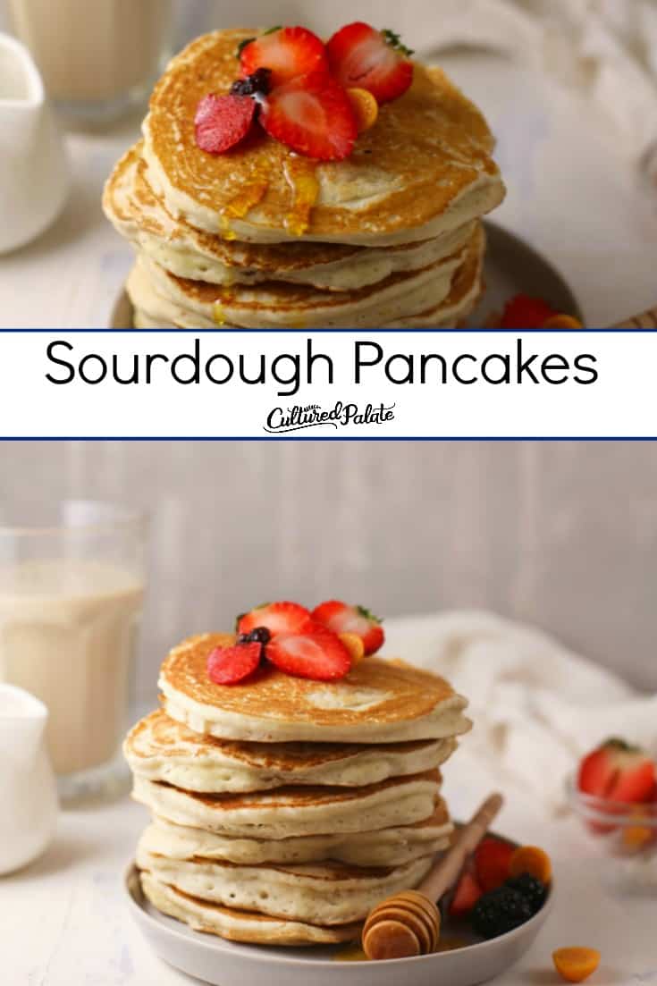 Overhead view and side view of strawberry topped Sourdough Pancakes.