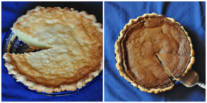 A photo of two buttermilk pies with kefir, one is sweetened with 