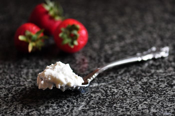 homemade cottage cheese on spoon