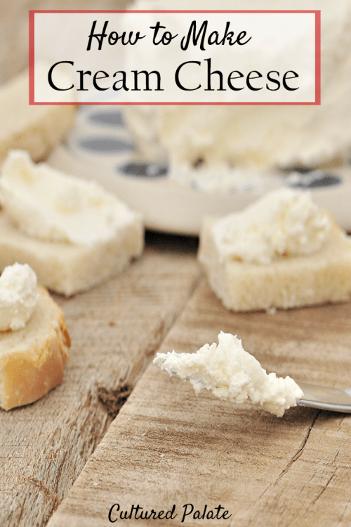 How to Make Cream Cheese - Homemade Cream Cheese shown on knife and chunks of bread