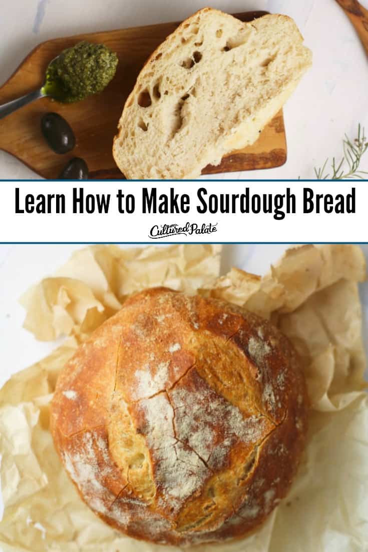 A slice of sourdough bread on a cutting board and an overhead view of artisan loaf with text overlay.