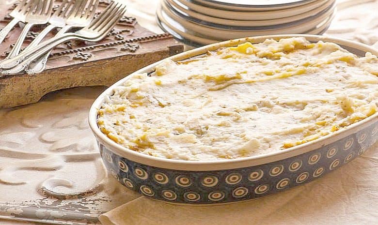 Easy Shepherd's Pie recipe shown in casserole dish