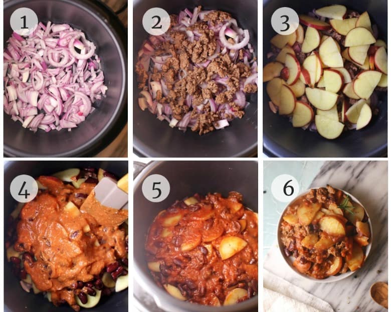 Six images showing the steps to make Crockpot Chili Recipe