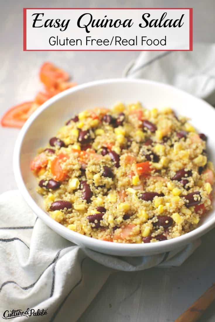 Easy Quinoa Salad shown close up in white bowl with text overlay.