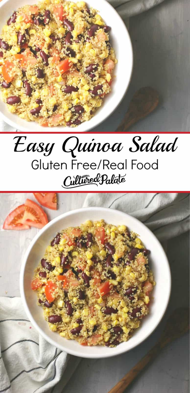 Easy Quinoa Salad shown closeup and overhead in two images with text overlay.