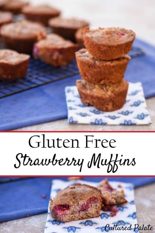 Gluten Free Strawberry Muffins shown stacked and eaten