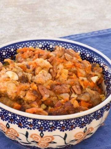A side shot of sweet potato stuffing in a bowl