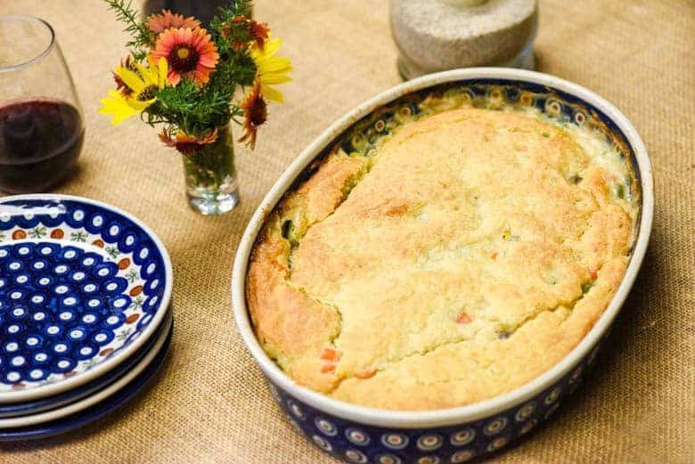 Homemade Chicken Pot Pie Recipe shown ready to eat on table